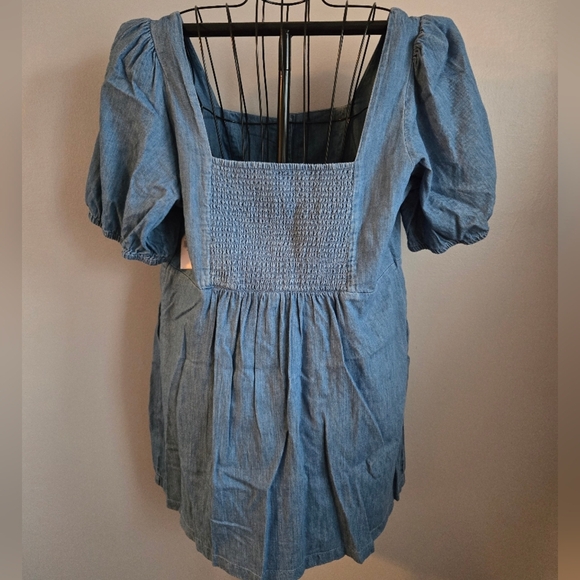Old Navy Blue Denim Chambray Puff Sleeve Button Front Square Neck Mini Dress - Picture 5 of 7